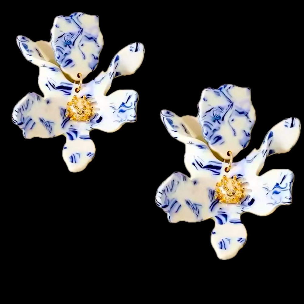 Lele Sadoughi Blue and White Floral Statement Earrings